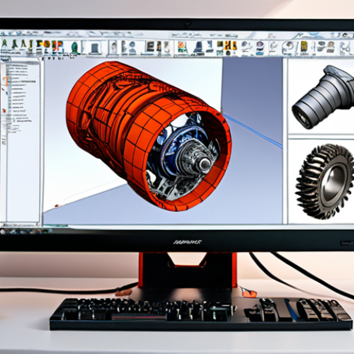 Home 4 ** A vibrant CAD workstation setup with SolidWorks on screen, showcasing a complex parametric model of a futuristic engine. The designer is intensely focused, with sketches and reference materials scattered around the desk. Emphasize clean lines and technical accuracy.
**