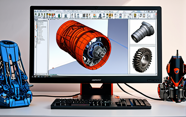 ** A vibrant CAD workstation setup with SolidWorks on screen, showcasing a complex parametric model of a futuristic engine. The designer is intensely focused, with sketches and reference materials scattered around the desk. Emphasize clean lines and technical accuracy.
**